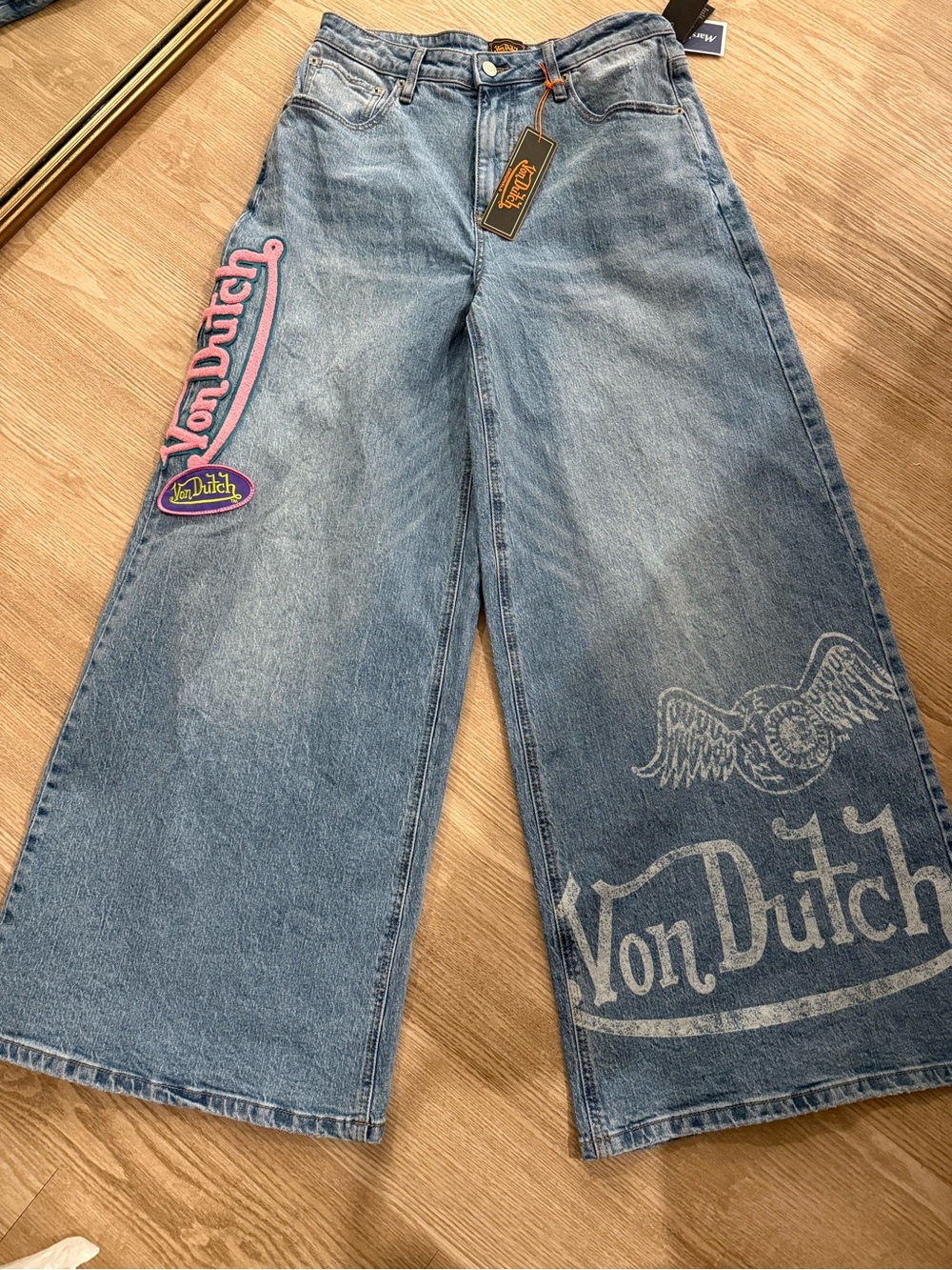 NWT Von Dutch Light Blue Wide Leg Jeans with Pink Logo Patch